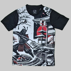 T-shirt with Japanese-themed design featuring a samurai on a green background