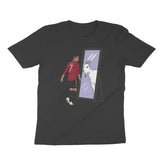 Black t-shirt with a graphic of Ronaldo and goat looking into a mirror
