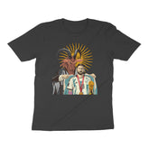 Black t-shirt with graphic design of Messi a goat-like creature on a white background