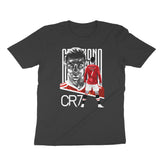 Black t-shirt with a graphic of a ronaldo 7and 'CR7' text on a white background