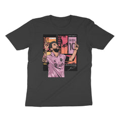Black t-shirt with a graphic of Messi wearing Inter Miami home jersey