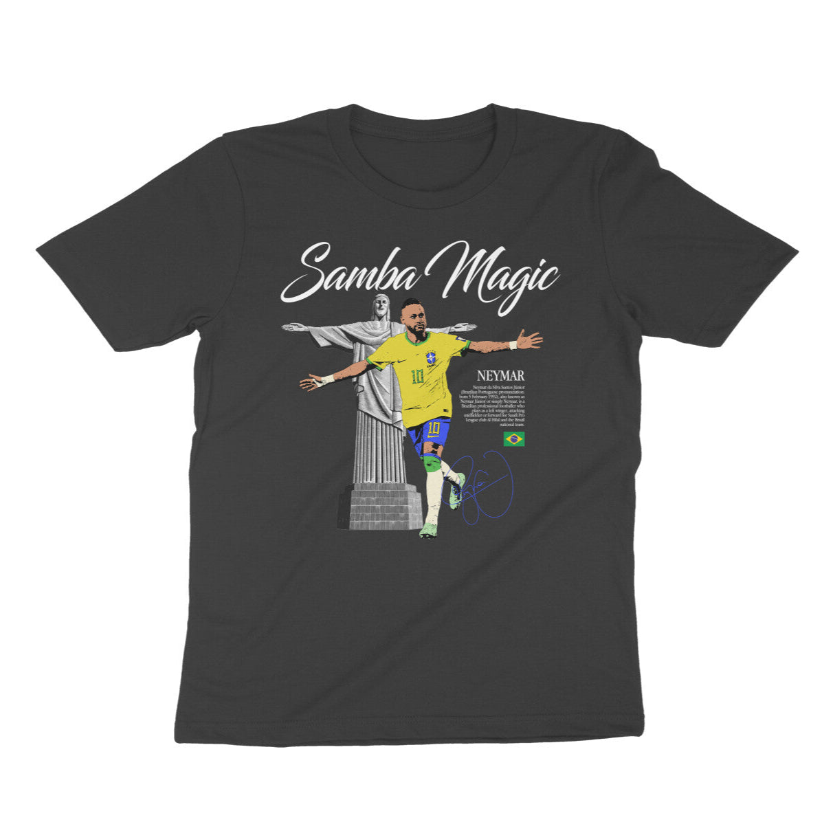 Black t-shirt with a graphic of a Neymar and 'Samba Magic' text on a white background