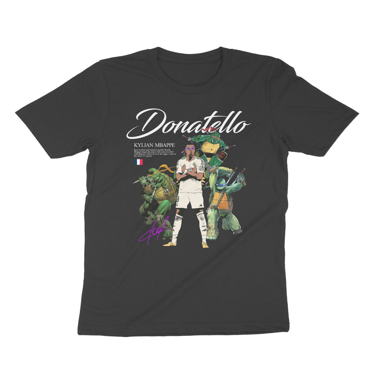 Black t-shirt with 'Donatello' graphic design featuring Mbappe