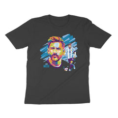 Black t-shirt with colorful graphic of Messi