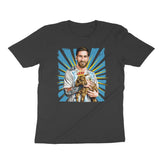 Black t-shirt with a graphic of a messi with goat on a blue background