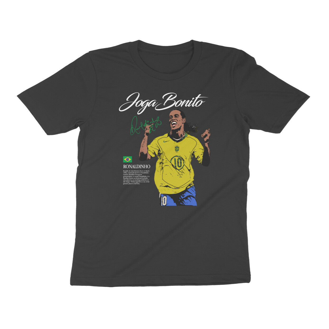 Black t-shirt with a graphic of ronaldinho