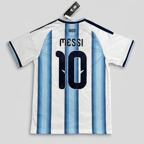 Argentina home jersey with 'Messi' and number '10' on a gray background
