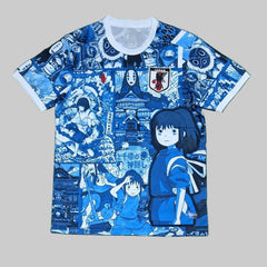 Blue and white t-shirt with anime character design on a green background