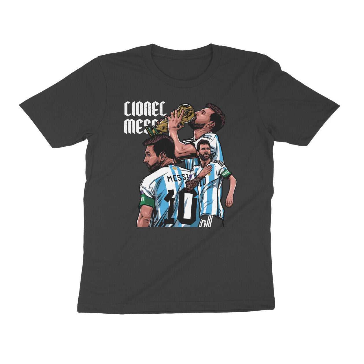 Black t-shirt with graphic of Messi celebrating with World cup 