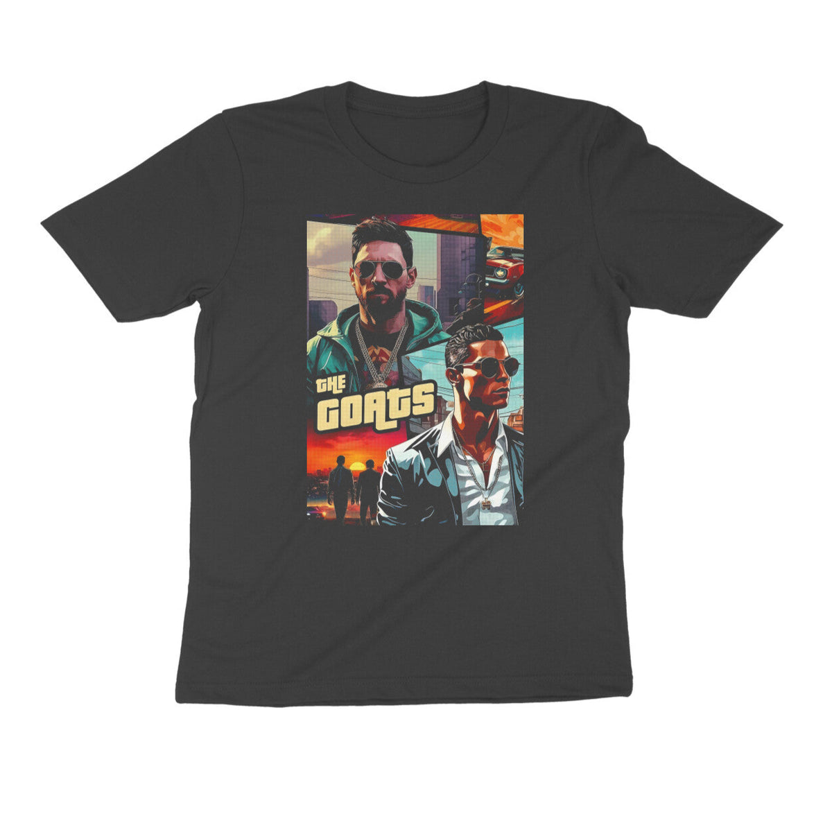 Black t-shirt with 'The Goats' graphic design featuring Messi and Ronaldo