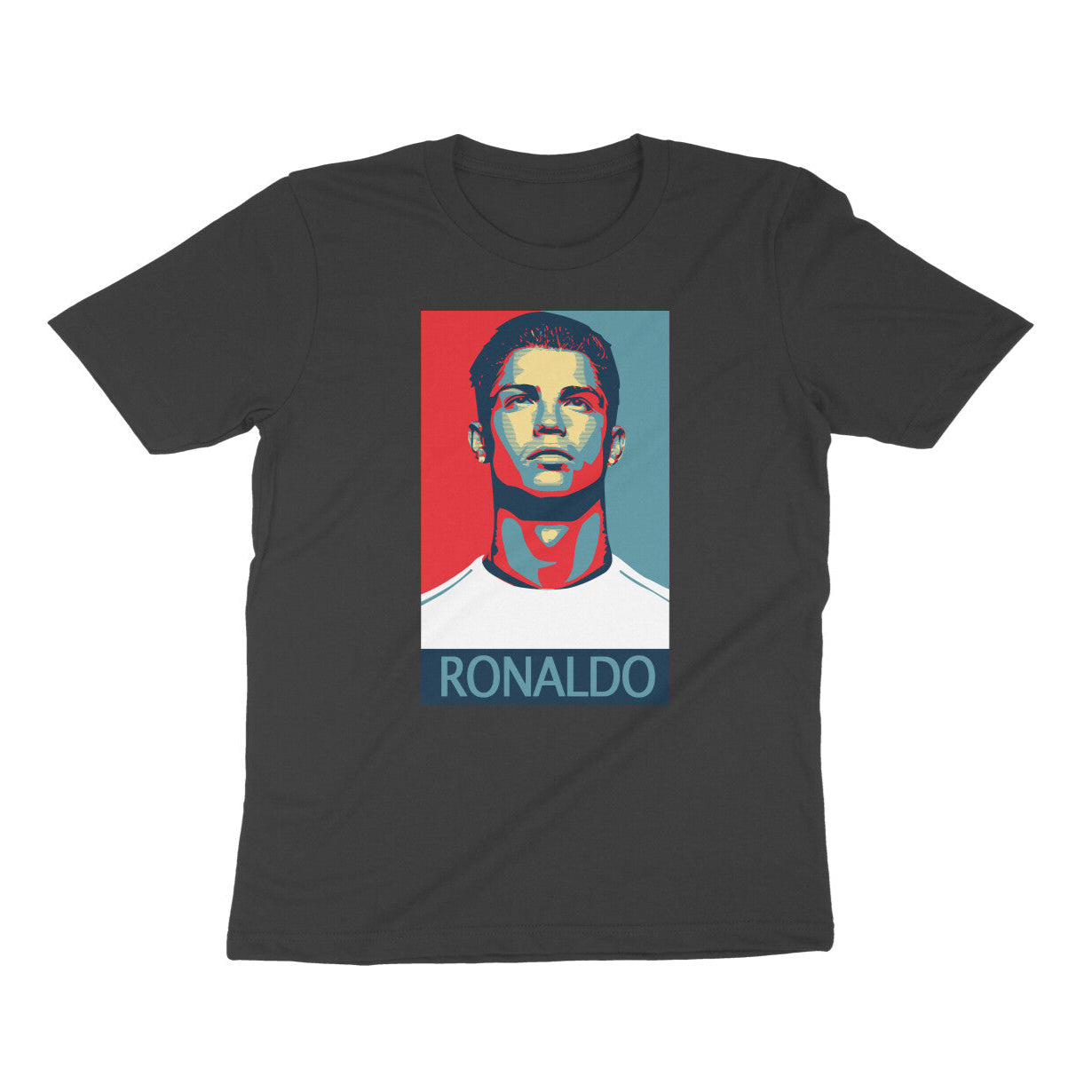 Black t-shirt with a graphic of a portrait and 'RONALDO' text on a white background